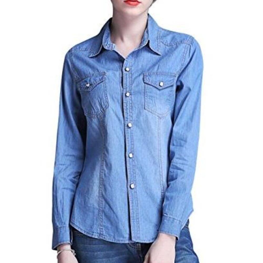 Yeokou Long Sleeve Chambray Button Down Jean Shirt S